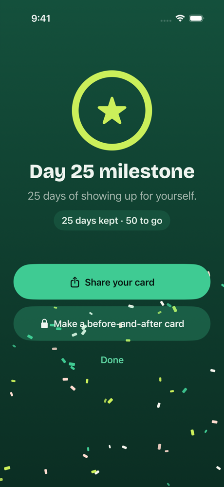 Day 25 milestone celebration with a shareable card