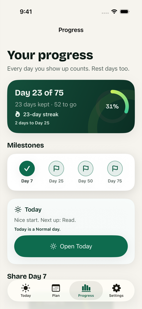 Progress screen with streak, milestones, and days kept