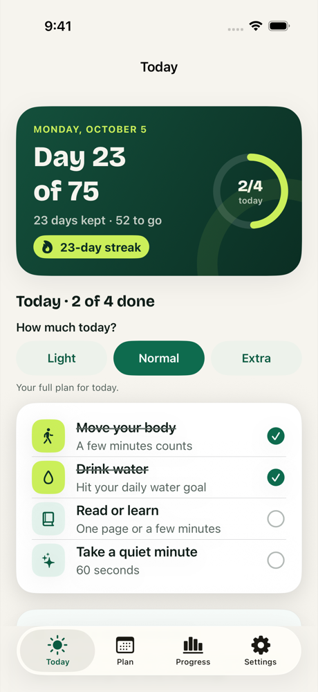 Today screen with a 75-day progress ring and habit checklist